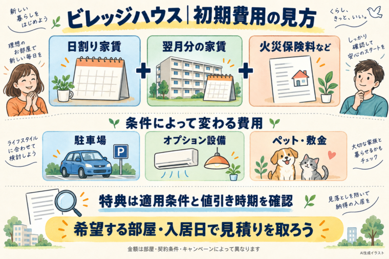 初期費用の基本項目である日割り家賃、翌月分家賃、火災保険料と、条件による追加費用や特典の確認点