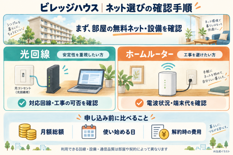 無料ネットの有無を確認し、光回線とホームルーターの設備・費用・利用開始日を比べる手順