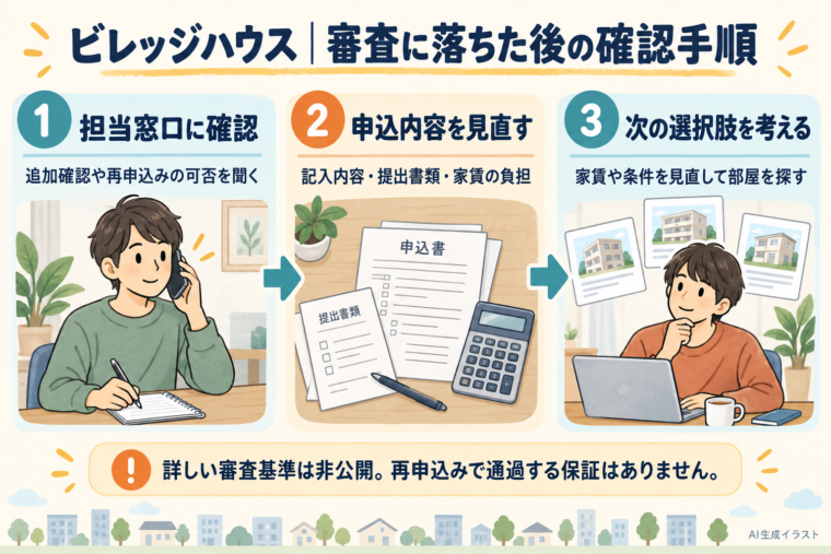 審査に落ちた後に担当窓口へ確認し、申込内容を見直して次の部屋を検討する3つの手順