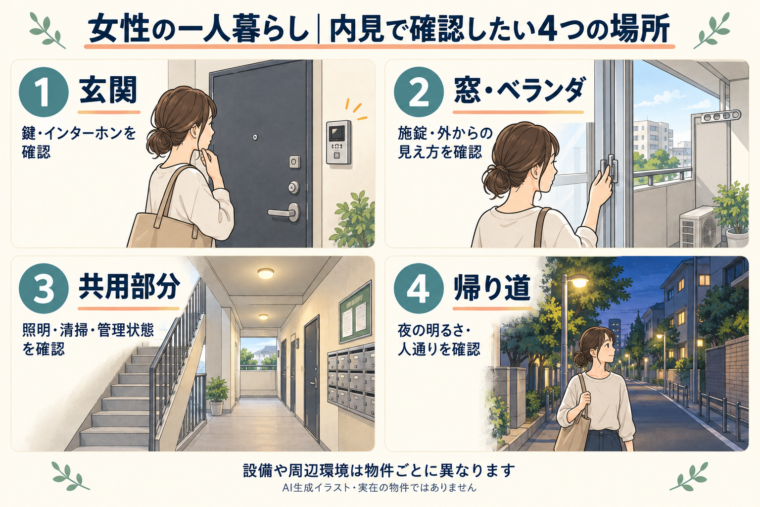 女性の一人暮らしの内見で確認する玄関の鍵、窓の施錠、共用部分の管理状態、帰り道の明るさを示したイラスト